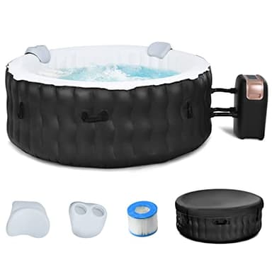 COSTWAY 4-6 Person Hot Tub Spa, 108 Bubble Jets Outdoor Inflatable Hot Tubs with Headrest, Drink Holder, Pool Cover and Ground Sheet, Quick Heating Smart Filtration Round Hottub (Black)