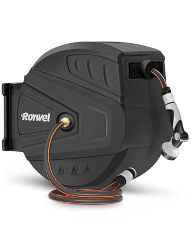 Roywel Auto Reel Garden Hose 40M，Hose Reel Wall Mounted，Auto Rewind, Self-Locking System,180° Pivotal with Multifunction Spray Nozzle