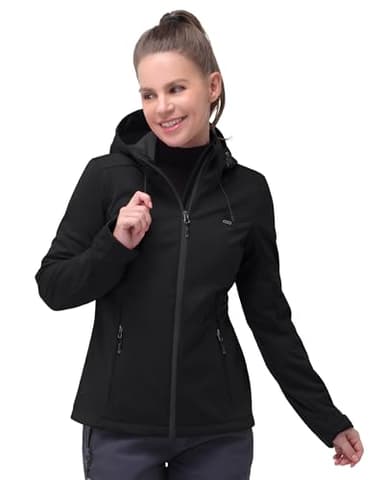 33,000ft Women's Softshell Jacket Waterproof Windproof Coat Functional Lightweight Windbreaker Ladies Breathable Outdoor Jacket with Hood for Running, Cycling, Hiking, Black DE42/UK16