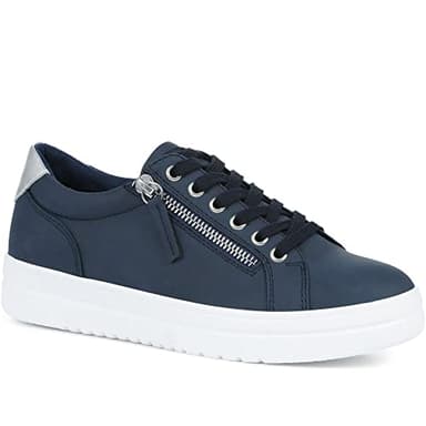 Pavers Ladies Supportive Lace-Up Fashion Trainers in Navy with Chunky Platform Sole and Faux Leather - Side Zip Casual Flat Shoes - Size UK 7 / EU 40