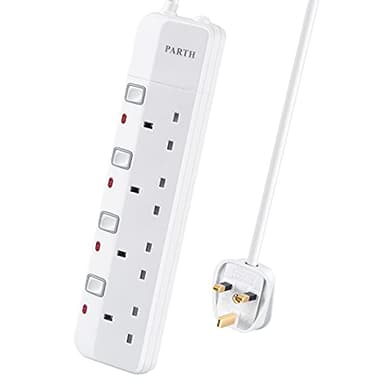 PARTH 4 Way Protected Extension Lead with Individual Switches 2m Long Cable Safety Wall Mounted Extension Cord for UK Plugs 3250w 13Amp Multi Sockets 2 Metre Power Strip for Home Office School Hotel