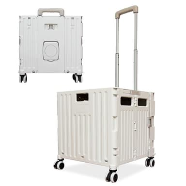 Berry 40KG Shopping Trolley on Wheels | 65L Foldable Utility Cart with Lid, Cup Holder | 4 Wheel Compact Plastic Trolley with Telescopic Handle for Shopping, Office, Camping & Picnic Use (Grey)