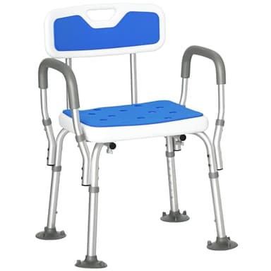 HOMCOM EVA Padded Shower Chair for the Elderly and Disabled, Height Adjustable Shower Stool with Back and Arms, 4 Suction Foot Pads, Blue