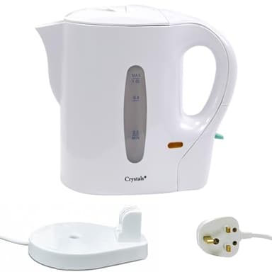 Crystals 1 Litre Electric Travel Kettle - Low Wattage Portable Mini White - Small Lightweight Cordless Water Kettle for Elderly, Bedroom, Caravan, Camping, Daily Use - 830W