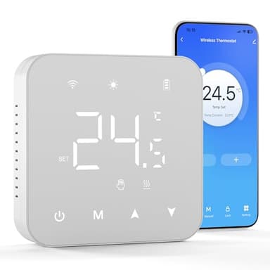 Beok WiFi Thermostat for Combi Boiler, Tuya Smart Room Thermostat Digital Heating Controller LED Display Compatible with Alexa Google Assistant, Battery Operated, Surface Mount BOT-R3W-WIFI White