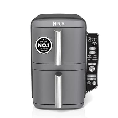 Ninja Double Stack XL Air Fryer, Vertical Dual Drawer AirFryer with 4 cooking levels, 2 Drawers and 2 Racks, Space Saving Design, 9.5L Capacity, 6 Cooking Functions, 8 Portions, Grey, SL400UK