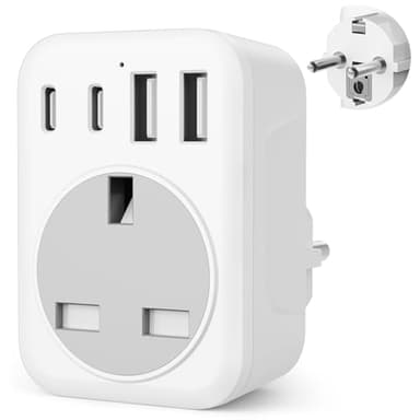 UK To European Plug Adapter,5 IN 1 European Travel Adaptor with 2 USB C & 2 USB A,Grounded EU Plug Adapter for Germany Spain France Turkey Greece etc (Type E/F)
