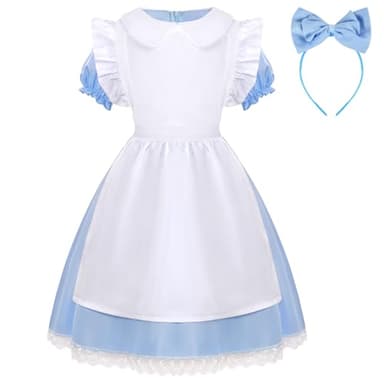 Aomig Alice in Wonderland Kids' Costume Set with Hairband - Blue & White Dress for Book Day and Halloween