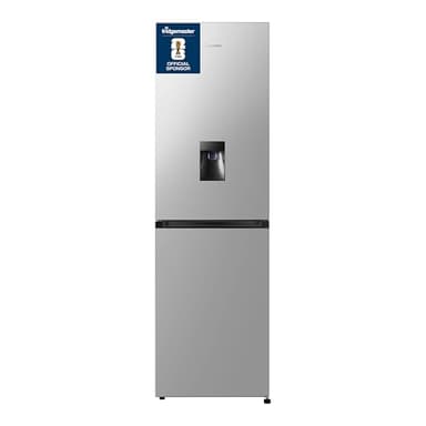 Fridgemaster MC55251DES 55cm Freestanding 256 litre 50/50 Frost Free Fridge Freezer with Non-plumbed Water Dispenser - LED Lighting- 4 Star Freezer Rating -Silver - E Rated, H182.4 x W55 x D55.7 (cm)