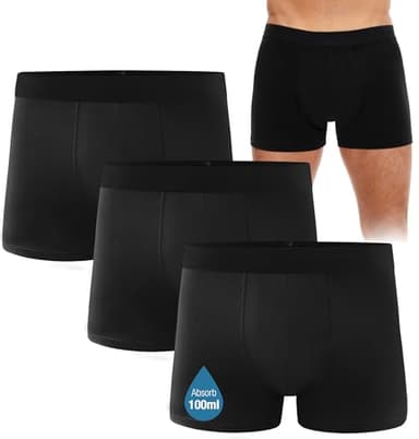 FORVEVO 3 Pack Incontinence Pants for Men, Washable Mens Boxers Shorts with Absorbent Protective Pads, Leakproof Underwear Trunks, Reusable Odor Control for Going Out, Driving, Post-Surgery (Black, L)