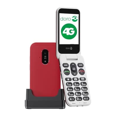 doro Phone - Leva E22 - 4G Flip Phone for Elderly - Large 2.8" Screen, High Contrast Keys, Loud & Clear Sound, HD Voice, Camera, Secure Button - Charging Cradle - Red/White