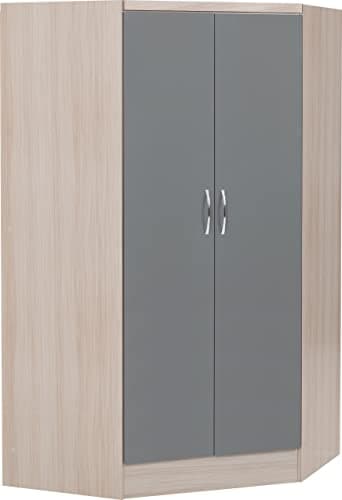 Seconique Nevada 2 Door Corner Wardrobe in Grey Gloss/Light Oak Effect Veneer