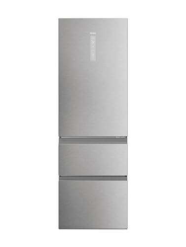 Haier 3D 60 Series 5 Freestanding Fridge Freezer, 3 Doors, Total No Frost, E Class, 360L Total Capacity, Easy Access Freezer Drawers, hOn App, AI & Wi-Fi Connected, Silver, 60x67x185 cm - HTW5618ENMG