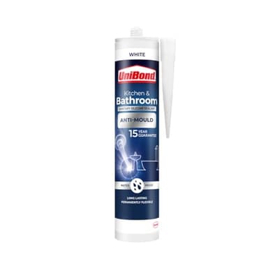 UniBond Anti-Mould White, Waterproof Mould Protection, Long-lasting White Silicone Sealant for Kitchen & Bathroom, Powerful Bath Sealant, 1 x 274g Cartridge