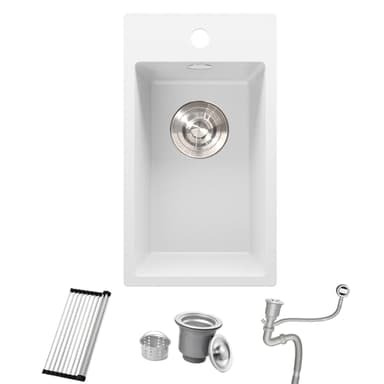 Bokaiya Quartz Kitchen Sink, 28x50cm/11x20 in, Composite Inset/Topmount Kitchen Small White Sink Waste Kit,Small Rv Single Bowl with Overflow, Roll-up Rack and Siphon