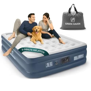 Green Haven King Size Air Bed with Built-in Electric Pump – Self-Inflating Blow-Up Mattress for 2 Adults – Waterproof & Elevated for Camping, Guests, Indoor & Outdoor Us