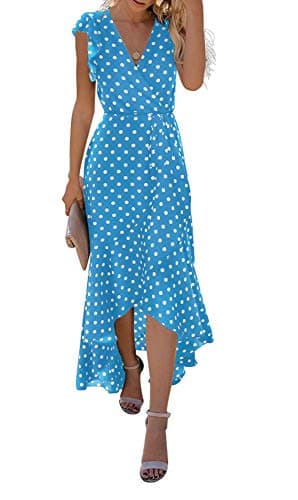 GRECERELLE Womens Summer Maxi Dress Boho Floral Cocktail Polka Dot Wrap Dresses V Neck Casual Party Bohemian Flowy Long Dress for Ladies (Polka Dots-Light Blue, XL)