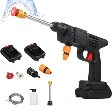Cordless Pressure Washer, 6 in 1 Portable Power Washer, with 5 m Hose,Suitable for Watering Plants, Floor Cleaning, Pets, Outdoor Car Cleaning Tool (Black-with 2 Batteries)