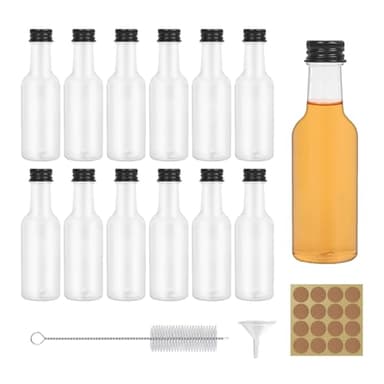 JETOP Mini Liquor Bottles 12 Pack 50ml Reusable Plastic Empty Spirit Bottles With Screw Caps, Funnel, Cleaning Brush and Stickers for Parties
