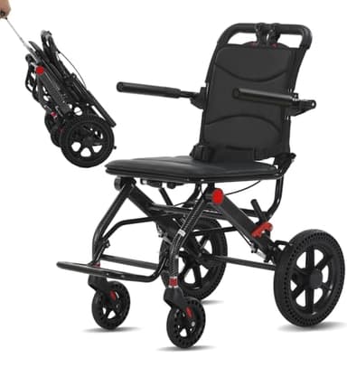 Lightweight Folding Transport Wheelchair (10kg) – Portable Transit Travel Chair for Adults & Seniors Attendant-Propelled Parking Brake & Hand Brakes Solid Puncture-Proof Tyres Footrests & Lap Belt
