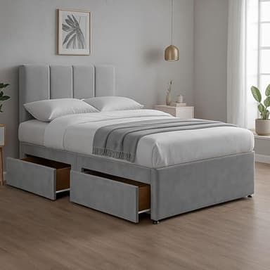 BED TIME UK - Silver Plush 3FT Single Divan Bed | Bed Frame with Spring Memory Foam Mattress & Dual Storage Drawers | 20” Vertical Line Headboard