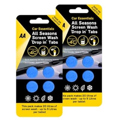AA Car Essentials - 8 x All Seasons Screenwash Tablets - makes up to 40 litres - Effective to -4C - Save on Plastics