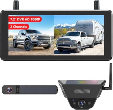AUTO-VOX Solar Wireless Reversing Camera System with Two Cameras (License Plate & Portable): 7.2” 1080P HD Dual Channel Monitor, IP69K Waterproof Reverse Camera for Motorhome, Camper, Trailer,Van