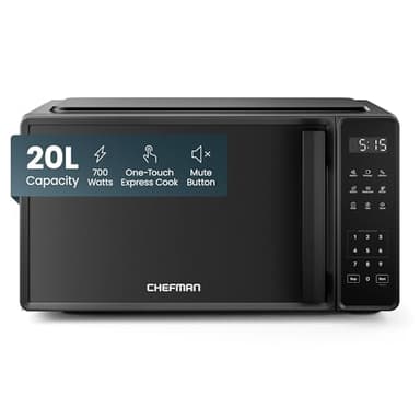 Chefman 700W 20L Countertop Microwave Oven, 10 Power Levels, 3 Cooking Presets with One-Touch Express Cook, Child Safety Lock, & Mute Button - Black