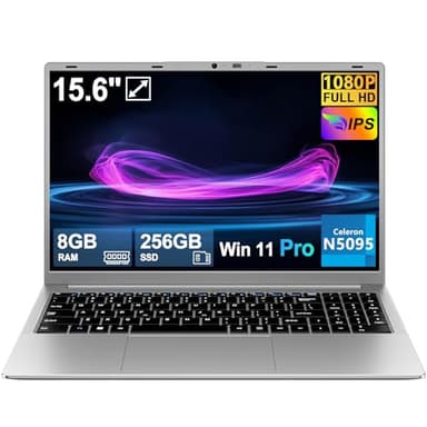 15.6 inch Laptop, Celeron N5095 (Up to 2.9GHz), 8GB RAM 256GB SSD, Full HD 1080P IPS Display, Notebook Win11 Pro, Webcam, WiFi 5, Type-C, Mini HDMI, Wireless Mouse Laptops for Business and Students