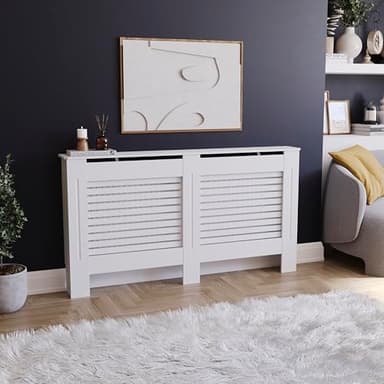 Vida Designs Milton Radiator Cover White - Large - Modern Horizontal Slat Design For Optimal Heat Circulation - H82xW152xD19cm - Painted MDF Cabinet Ideal For Living Room & Hallway