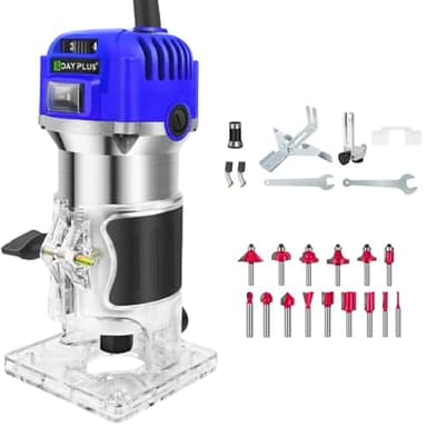 Electric Palm Router Tool, 800W 4000-30000 RPM 6 Variable Speed Wood Router with 15PCS 1/4" Router Bits, Trimmer Base, Wood Trimmer Routers Woodworking, Blue