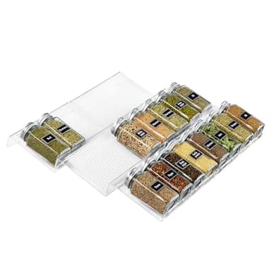 Lifewit Spice Drawer Organiser, Spice Rack for Inside Drawer, Adjustable Seasoning Jars Storage Tray for Cupboard, Acrylic Drawers Shelf for Kitchen, Countertop, Cabinet, 3 Ties, 6 Pack Plastic, Clear