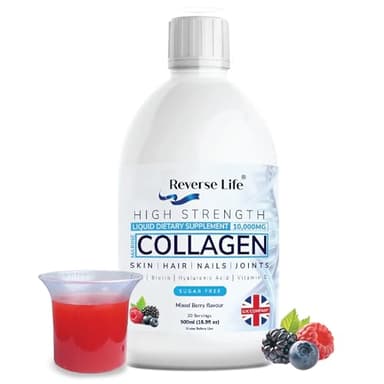 Reverse Life - High Strength Marine Collagen Liquid - Skin, Hair, Nails & Joints - 10,000mg Hydrolysed Peptide Food Supplement Drink - Hyaluronic Acid, Biotin, Vitamins C and D - Mixed Berry Flavour