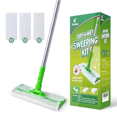 Eyliden Mop Starter Kit with 36 Refills( 12 Wet Wipes + 24 Dry Cloths), 3 in 1 Disposable Sweeper Mops for Cleaning Floors, Household Dry & Wet Floor Mops for Hardwood Tile Laminate Kitchen Bathroom
