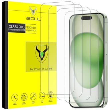 iSOUL 4-Pack Screen Protector for iPhone 15 6.1-Inch Tempered Glass Film [Ultra HD] [3D Touch] [Case Friendly]