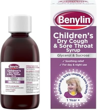 Benylin Children’s Dry Cough and Sore Throat Syrup (1x 125ml), Relieves Sore Throat, Cough Medicine For Children Aged 1 Year +, Suitable for Day and Night Use