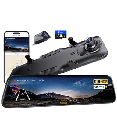 Pelsee S12 Pro 4K Rear View Mirror Camera with STARVIS 2 Sensor, 5.8GHz WiFi Mirror Dash Cam Front and Rear, Smart Driving ADAS and BSD, 1080P Backup Camera with WDR, Voice Control, 64G Meomory Card