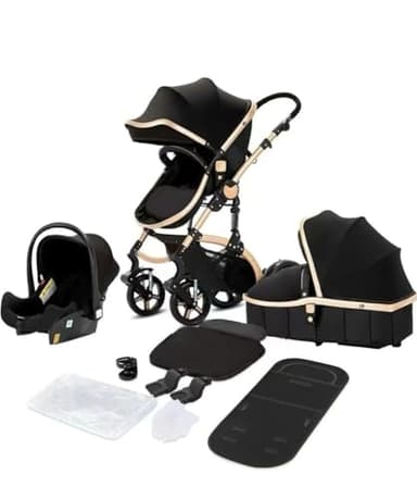 3 in 1 Baby Travel System - Foldable Lightweight Pram, Pushchair, Portable Stroller with Aluminium Frame in Black and Rose Gold for Newborns and Toddlers