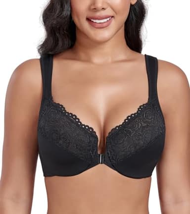 DotVol Women's Front Closure Wide Strap Underwire Bra Lace Plus Size U-Back Unlined Everyday Bra(Black,36DD)