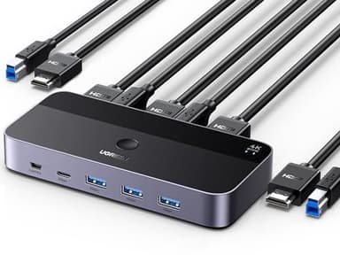 UGREEN KVM Switch HDMI 4K@60Hz, 3.0 4-Port Hub with 1 USB-C and 3 USB-A Ports for Sharing Keyboard, Mouse, Hard Drives, Printer, 2 PC 1 Monitor with 2 Cables