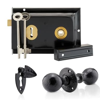 XFORT Smithy's Range Ball Shaped Rim Knob Set Black Antique, Complete with A Rim Lock, Round Rim Door Knob and Escutcheon with Keyhole Cover, Designed for Wooden Barn, Gate and Shed Doors.