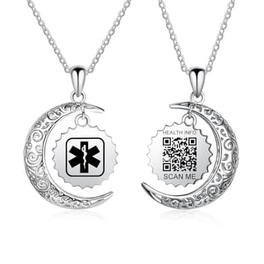Theluckytag Medical Alert Necklace - Engraved QR Code ID Necklace for Men & Women - Custom Online Emergency Medical Info (Moon Style - Silver)