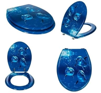 Dolphin Family Design MDF Toilet Seat Novelty Printed All Sides, Luxury Look, Stainless Steel Hinges, Universal Easy Fit Oval, Durable Wooden Effect Loo Seat with Fittings