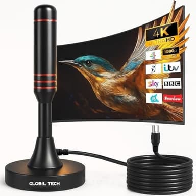 Indoor TV Aerial - High Gain Portable Digital TV Aerial Freeview HD TV Antenna with Magnetic Base - Digital TV Ariels Indoor Supports 4K 1080P with Long 9.8ft Coax Cable for All TVs