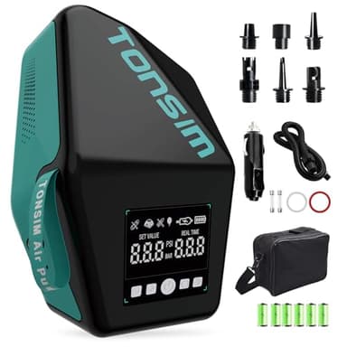 Tonsim Electric Paddle Board Pump 20 PSI, Rechargeable SUP Pump with 4 Modes, Dual-Stage Inflation & Deflation, 12V DC Car Connector, Auto Shut-Off for Paddle Boards, Kayaks & Tents