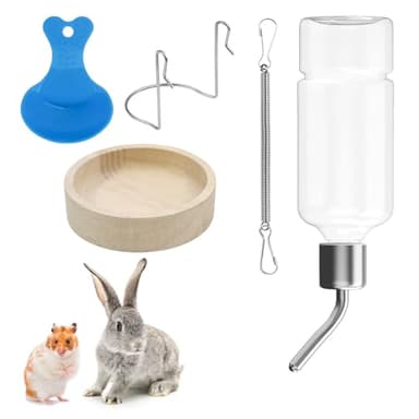 Non-Drip Rabbit Water Bottle, Small Pet Water Dispenser with Feeding Spoon & Food Bowl, Water Bottle for Rabbit, Guinea Pig, Hamster, Chinchilla