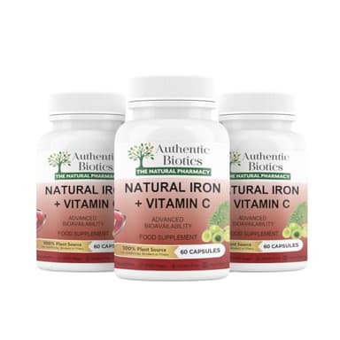 Authentic Biotics Iron & Vitamin C Supplement – 60 Vegan Capsules – Plant-Based Iron from Curry Leaves & Vitamin C from Amla – Supports Energy, Immunity & Reduces Tiredness – 3 Month Supply