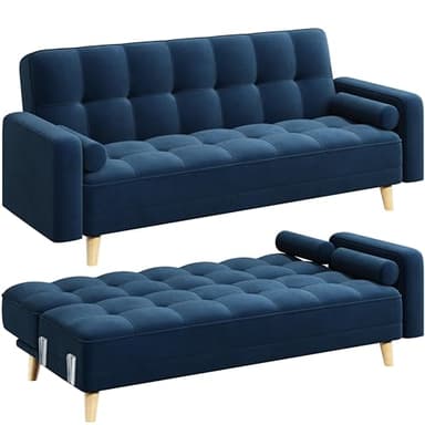 Yaheetech Modern Velvet Sofa Bed 3 Seater Click Clack Sofa Settee Recliner Couch with Wooden Legs for Living Room/Guest Room/Office Blue