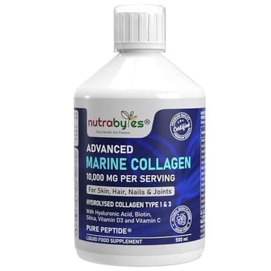 Marine Collagen Liquid 10000mg | Sugar Free | Hydrolysed Collagen Peptides | Hyaluronic Acid, Biotin, Silica, Vitamin C, Vitamin D3 | Skin, Hair, Nails | Liquid Collagen Supplement for Women & Men