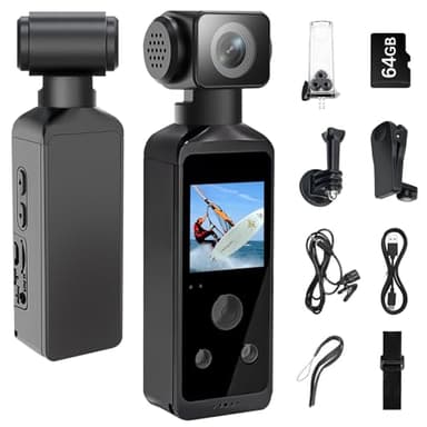 WOWAWOLA 5K HD Body Camera with Audio and Video, Sports Action Camera with 270° Rotatable Lens, Vlogging Camera for Travel, Outdoor Sport, Cycle, Clip and 64GB TF Card Included